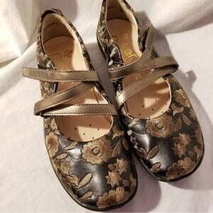 NEW Rieker Leather Embroidered Floral Zigzag Mary Janes Flats Bronze Black 36 6